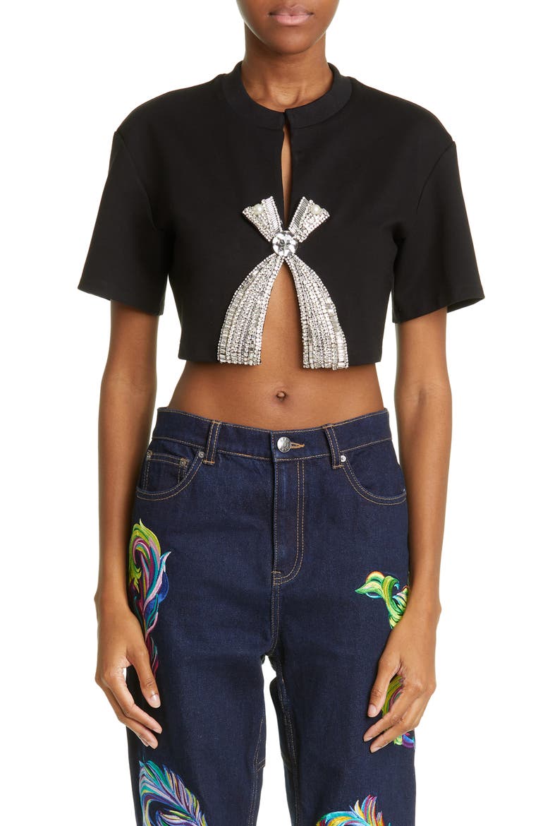 Deco Crystal Bow Crop Top, Main, color, BLACK