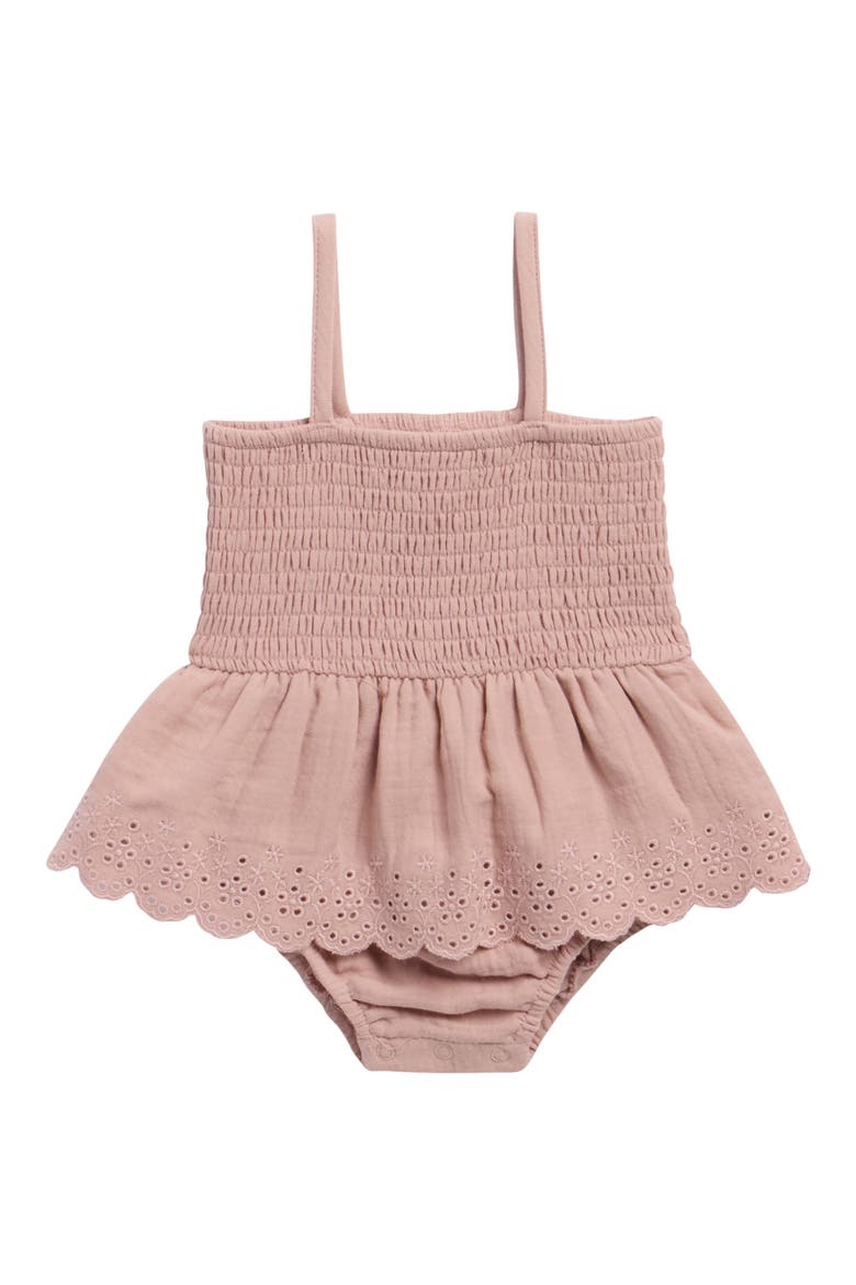 Eyelet Smocked Organic Cotton Skirted Bodysuit, Main, color, MAUVE