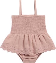 QUINCY MAE Eyelet Smocked Organic Cotton Skirted Bodysuit