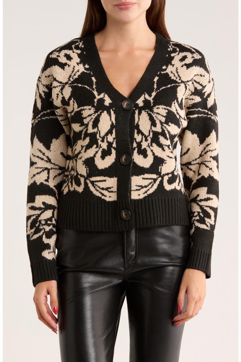 Floral Jacquard V-Neck Cardigan, Main, color, BLACK/ TAUPE