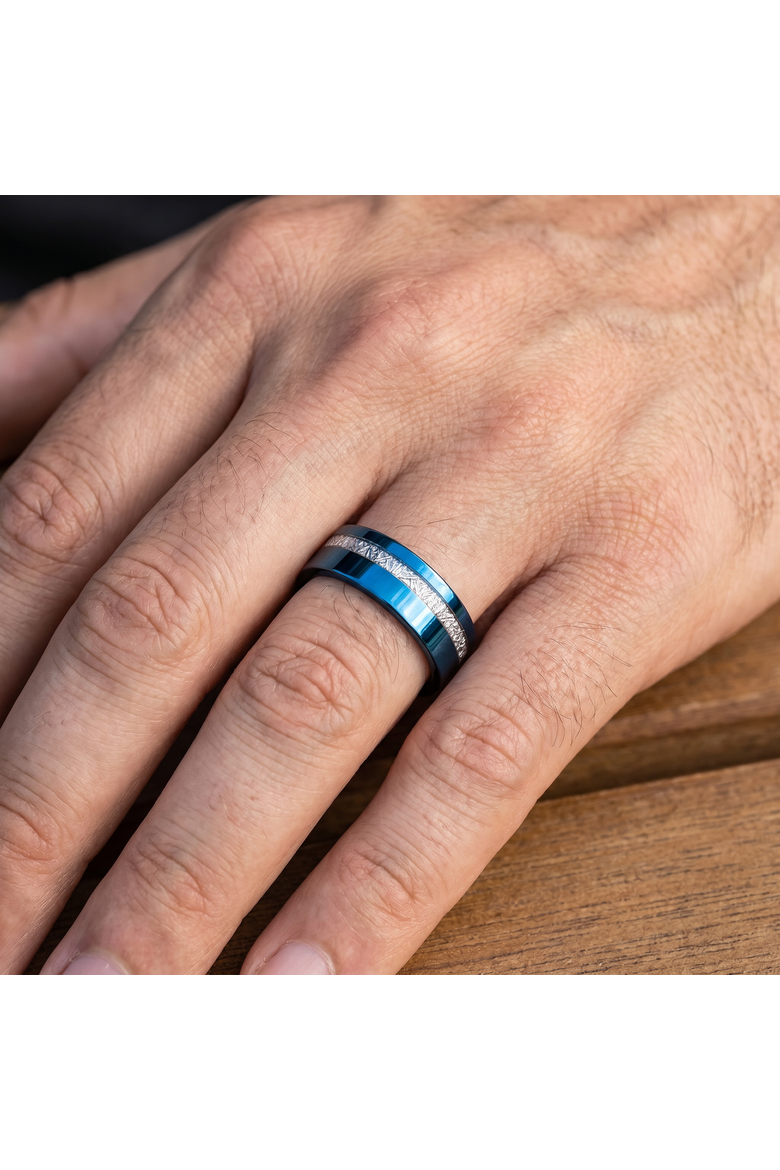 Men's Blue Tungsten Ring Meteor Inlay 8mm Wedding Band, Alternate, color, Blue Tungsten
