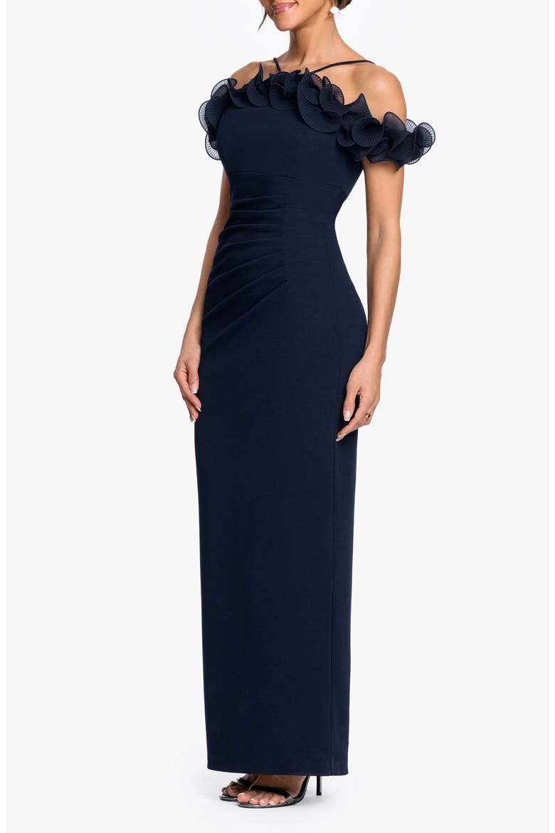 Wire Ruffle Cold Shoulder Sheath Gown, Alternate, color, NAVY