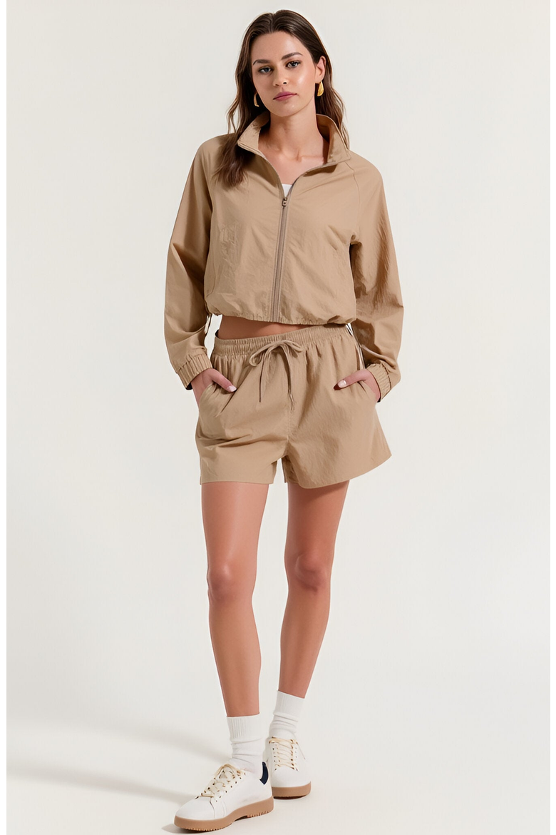 Cropped Zip Front Jacket and High Waist Drawstring Shorts Set, Alternate, color, Tan
