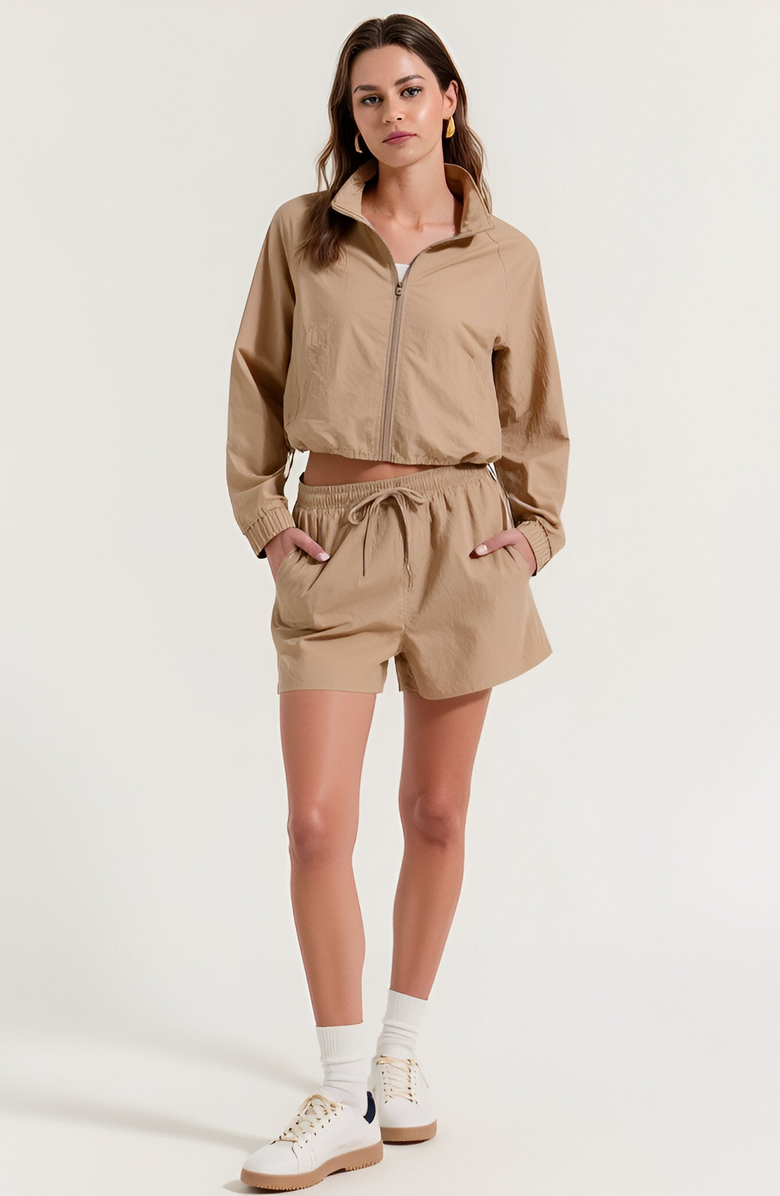 Modenaire Cropped Zip Front Jacket and High Waist Drawstring Shorts Set, Alternate, color, Tan