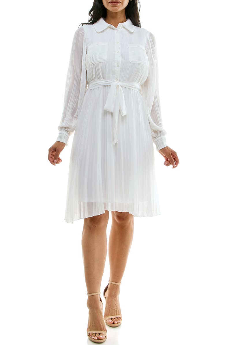 Nina Leonard Long Sleeve Pleated Shirtdress, Main, color, Ivory