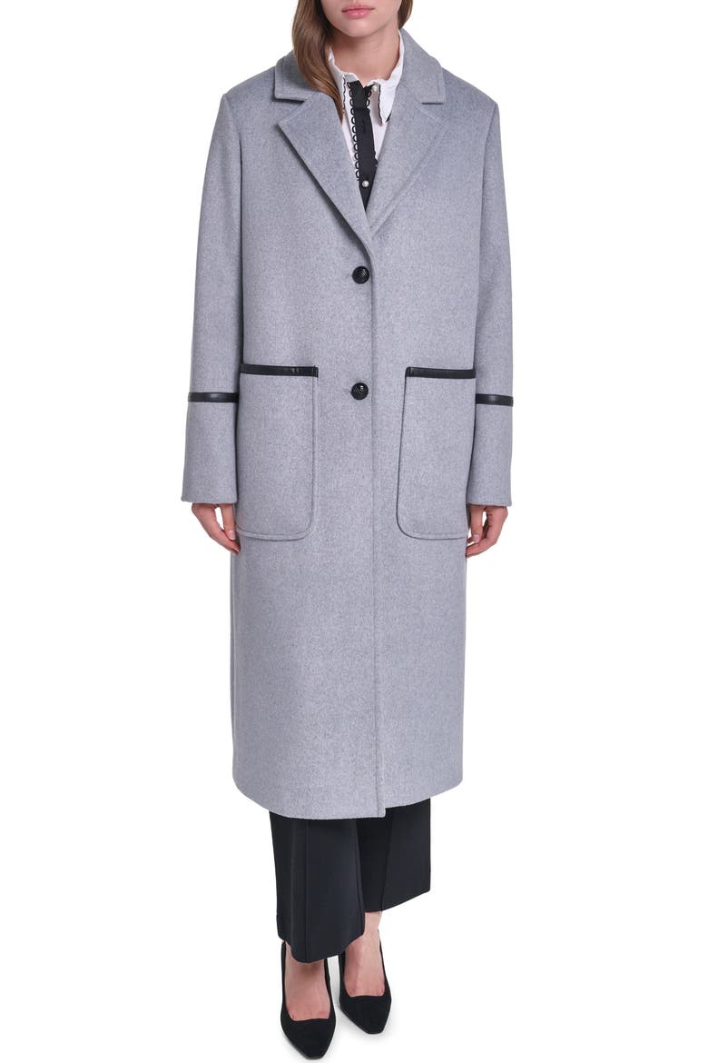 Single Breasted Coat with Faux Leather Trim, Main, color, LIGHT HEATHER GREY
