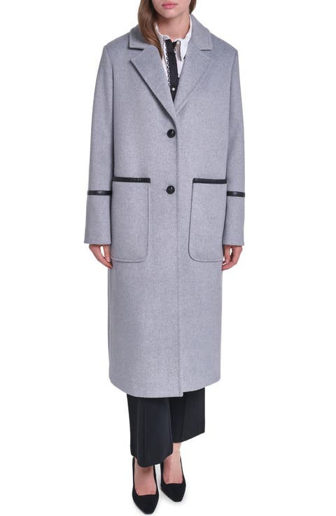 Single Breasted Coat with Faux Leather Trim