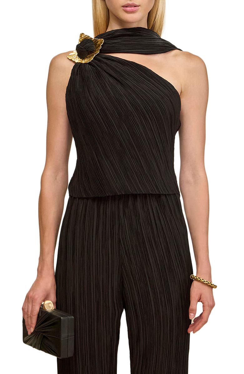 Cult Gaia Moira Asymmetric Neck Micropleat Top, Main, color, Black