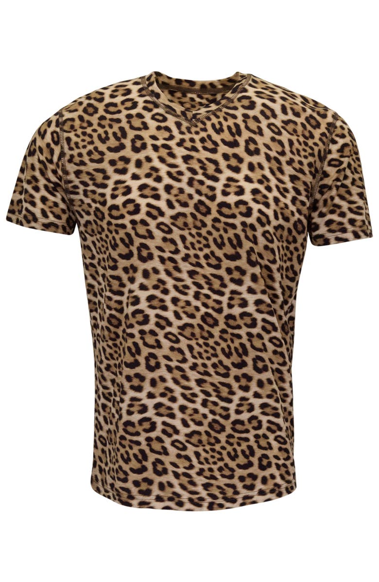 Lords of Harlech Leopard Mens Wool Vneck Tee, Main, color, Leopard Brown