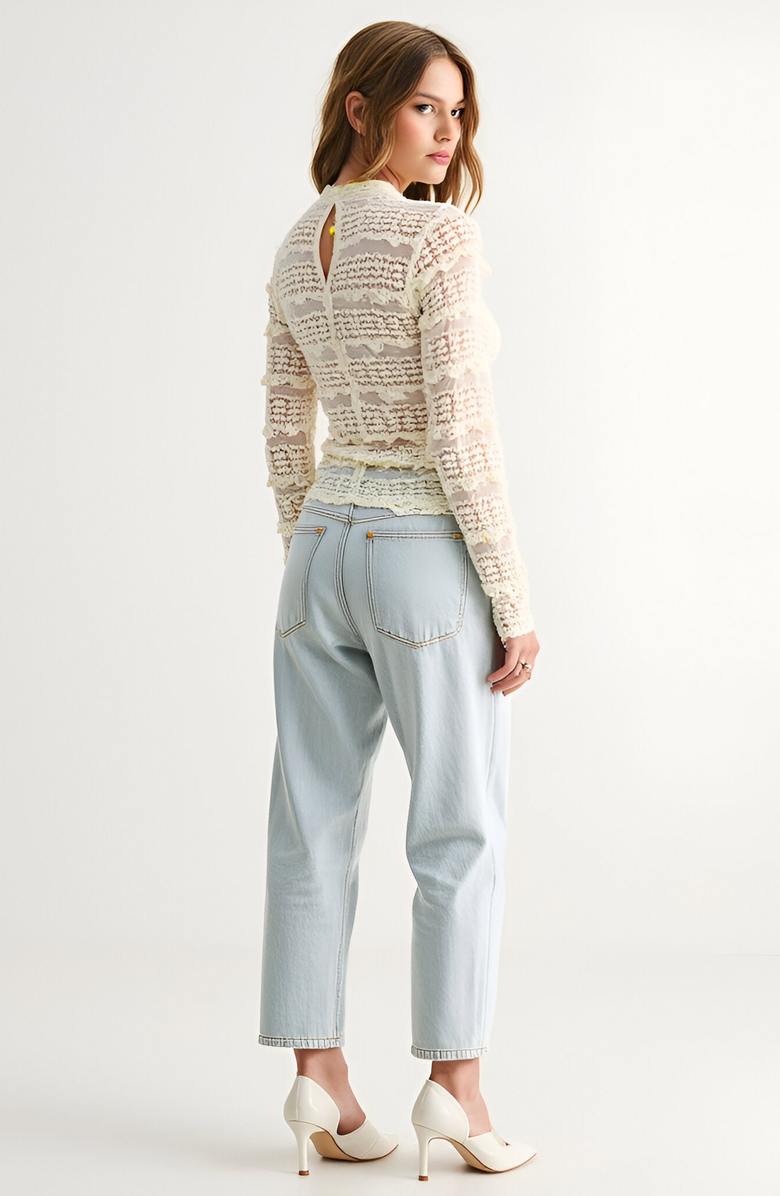 Modenaire Sheer Lace Long Sleeve Top with Scalloped Mock Neck, Alternate, color, Off-White