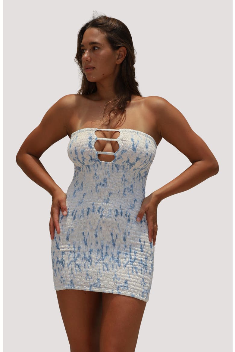 Conchita Smocked Strapless Cover-Up Minidress, Alternate, color, SKY DREAM