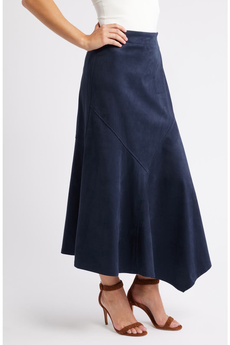 Asymmetrical Hem Faux Suede Midi Skirt, Alternate, color, MIDNIGHT
