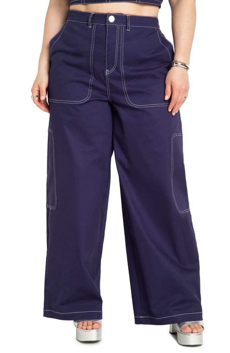 ELOQUII Contrast Stitch Wide Leg Utility Cargo Jeans, Main, color,