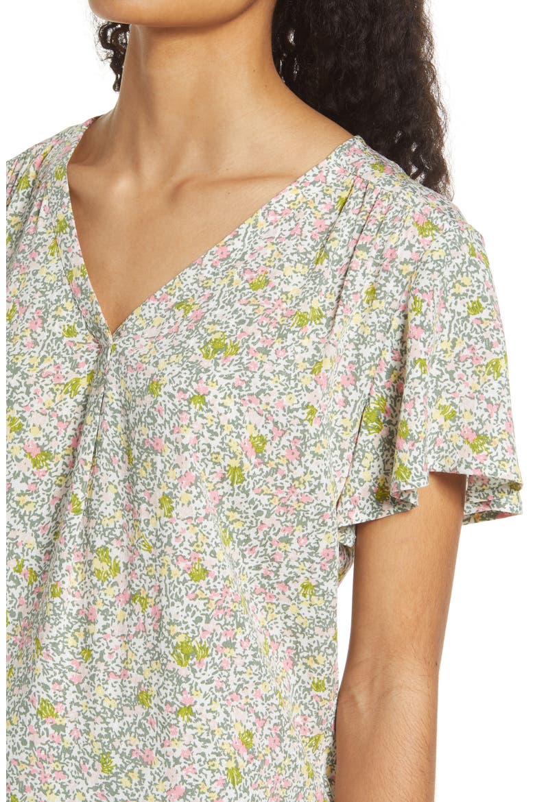 Dobby Flutter Sleeve Top, Alternate, color, IVORY PINK GREEN CAMO DITSY