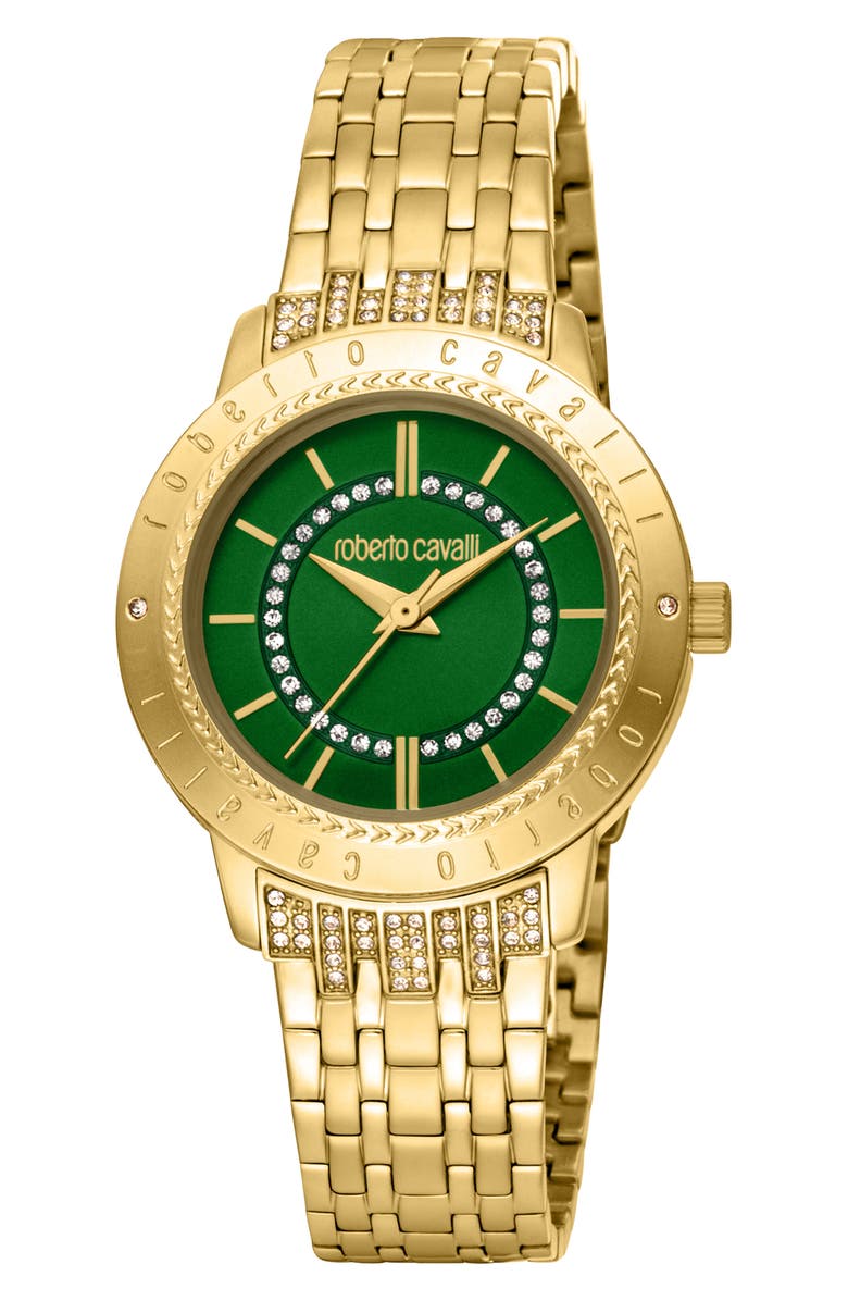 Roberto Cavalli Crystal Bracelet Watch, 32mm, Main, color, Gold/Green