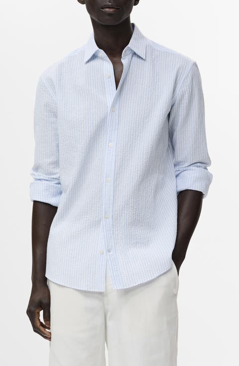 Stripe Stretch Cotton Seersucker Button-Up Shirt