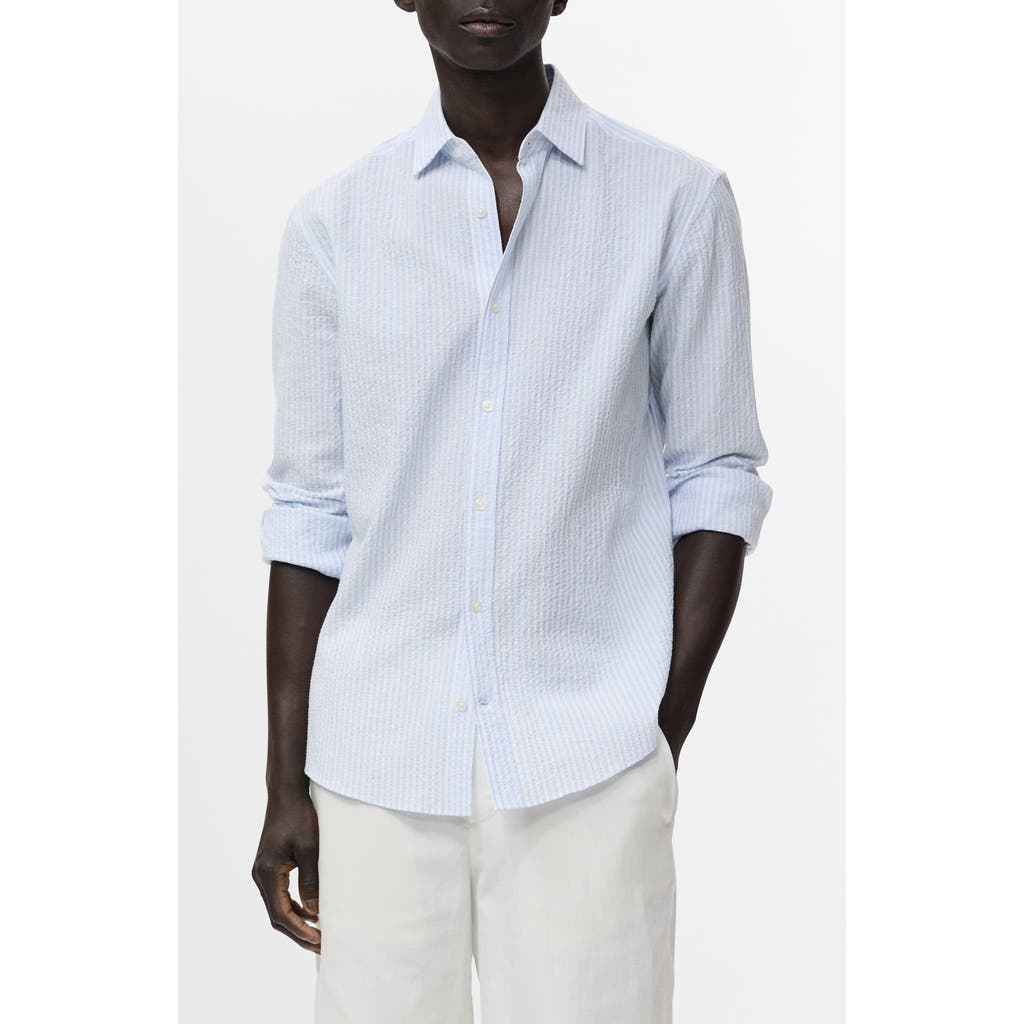 Mango Stripe Stretch Cotton Seersucker Button-up Shirt In Blue