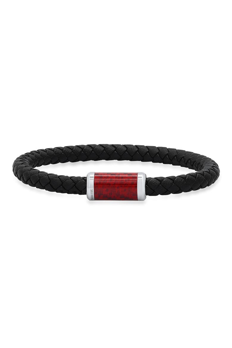 Men's Stainless Steel Red Carbon Black Braided Leather Bracelet, Main, color, BLACK-RED-METALLIC