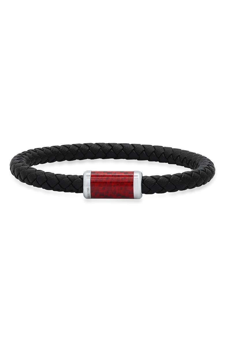 STEELTIME Men's Stainless Steel Red Carbon Black Braided Leather Bracelet, Main, color, Black-Red-Metallic