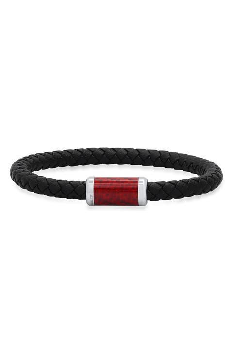 Men's Stainless Steel Red Carbon Black Braided Leather Bracelet