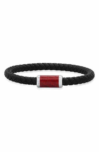 STEELTIME Men's Stainless Steel Red Carbon Black Braided Leather Bracelet