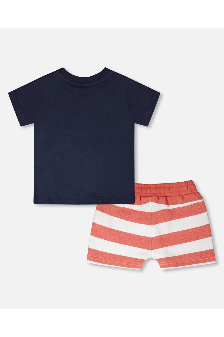 Organic Cotton T-Shirt and Stripes Short Set, Alternate, color, Blue and Brick Stripes