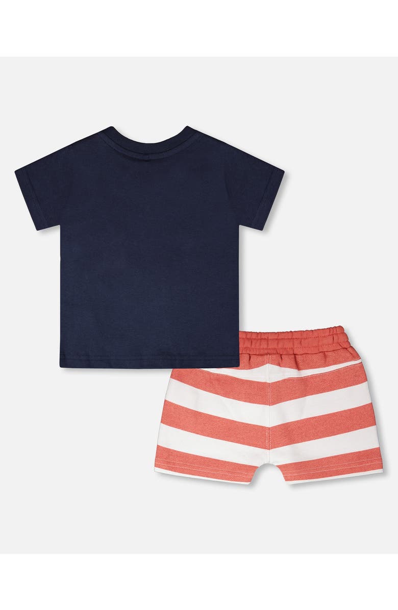 Deux par Deux Organic Cotton T-Shirt and Stripes Short Set, Alternate, color, Blue And Brick Stripes