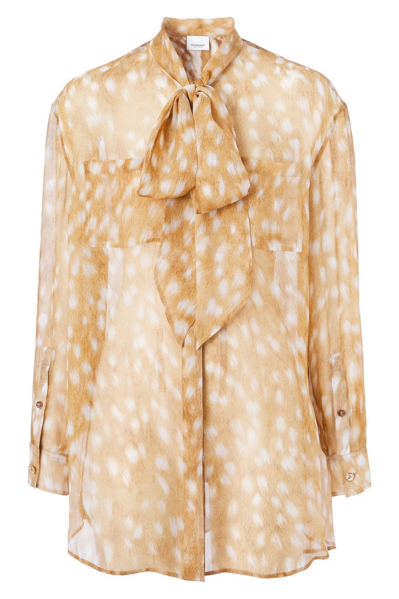 Ruby Deer Print Bow Silk Chiffon Blouse, Alternate, color, HONEY BEIGE IP PAT