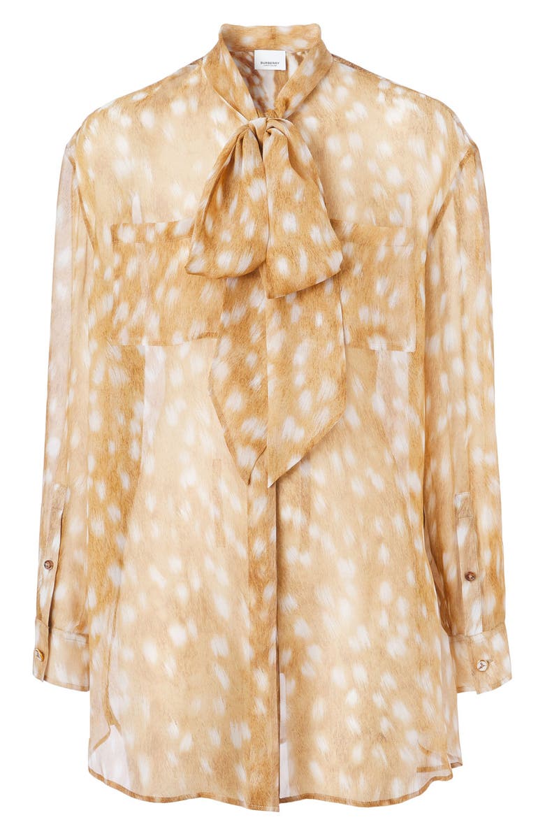 Burberry Ruby Deer Print Bow Silk Chiffon Blouse, Alternate, color,