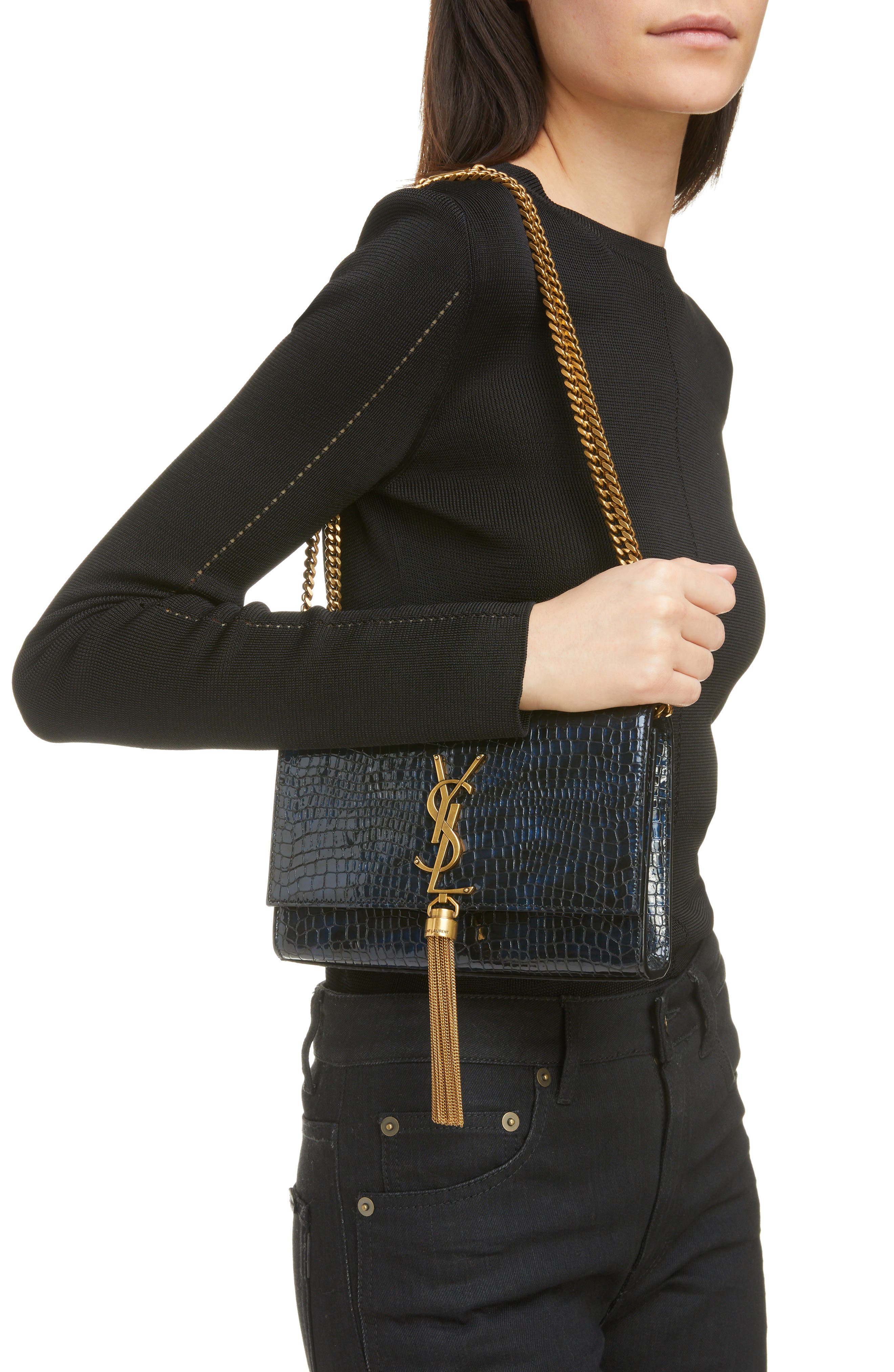 Saint Laurent Small Kate Shiny Croc Embossed Leather Shoulder Bag, Alternate, color, 