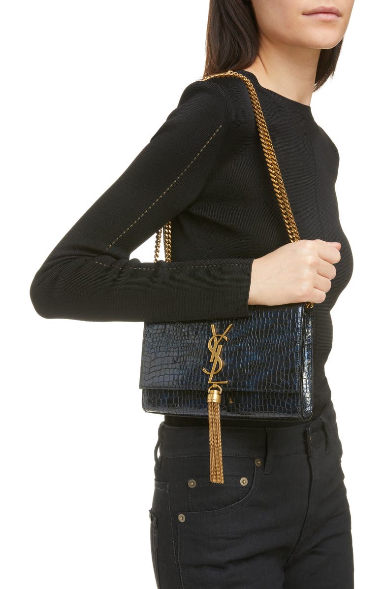 Saint Laurent Small Kate Shiny Croc Embossed Leather Shoulder Bag, Alternate, color,