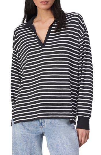 Rag & Bone The Knit Stripe Polo V Neck Blackwht In Animal Print
