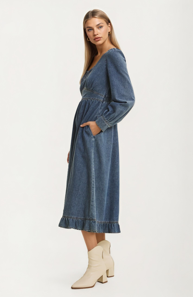 Knit and Lounge Long-Sleeve Denim V-Neck Ruffle-Hem Midi Dress, Alternate, color, 