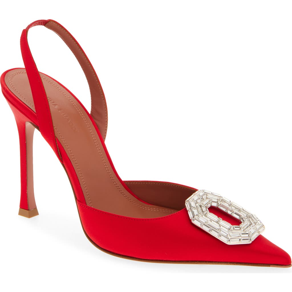 Amina Muaddi Camelia Crystal Buckle Slingback Pump in Satin Red/White Buckle  product