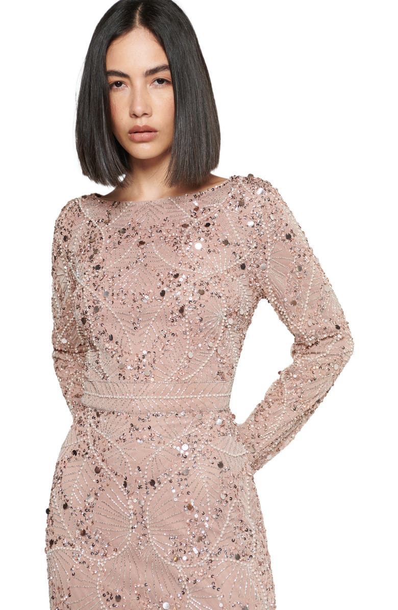 MARYISA Modest Embellished Sequin Beaded Dress Maxi in Blush, Alternate, color, 