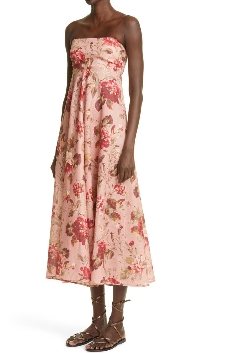 Zimmermann Cassia Floral Print Linen Bandeau Midi Dress, Alternate, color, 