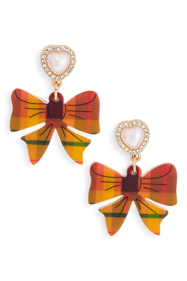 Plaid Bow Heart Drop Earrings, Main, color, ORANGE MULTI- GOLD
