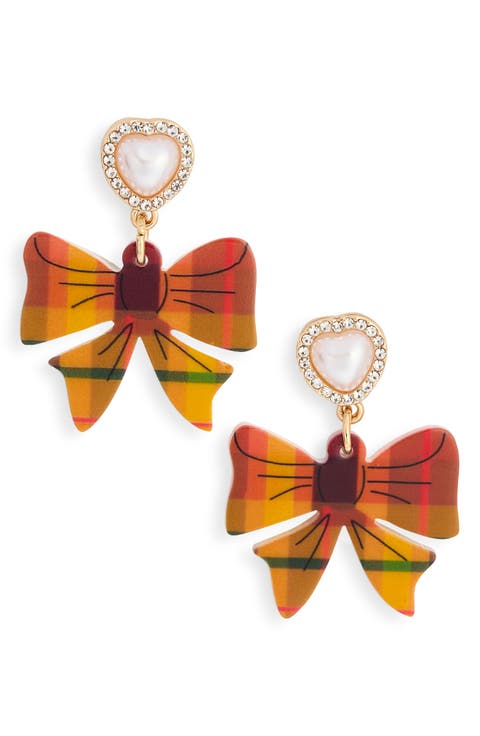 Plaid Bow Heart Drop Earrings