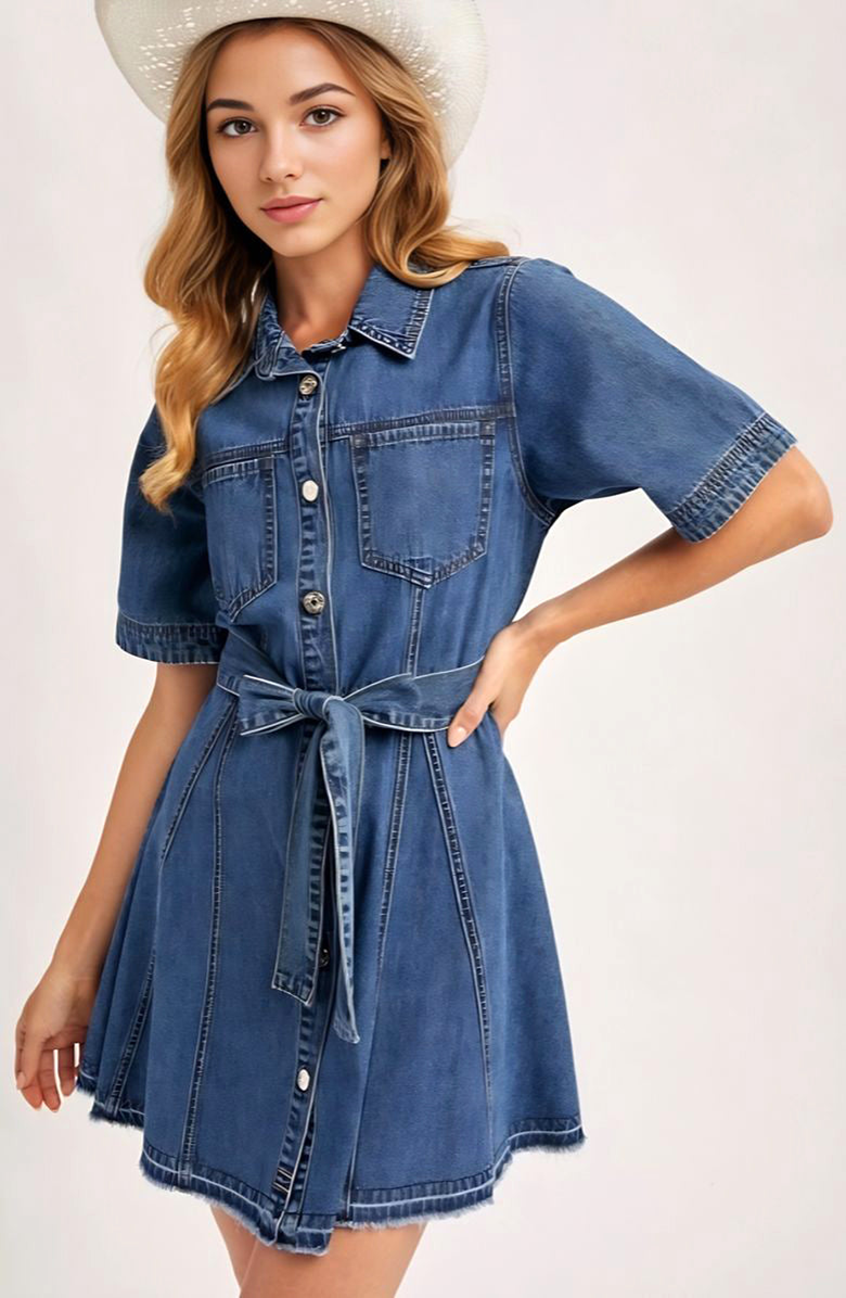 Knit and Lounge Short Sleeve Belted Denim Shirt Dress, Alternate, color, Denim Blue