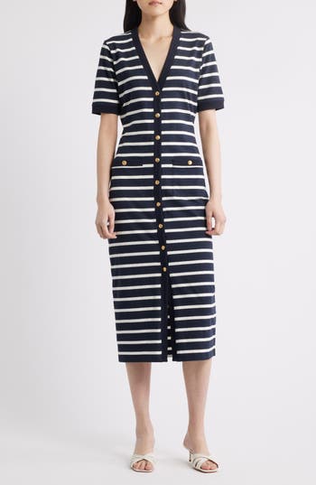 Frame The Striped Sailor Organic Cotton Midi Dress In Blue