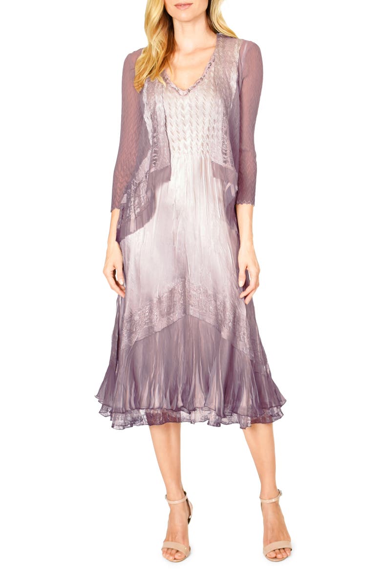 Lace Inset Charmeuse Dress with Jacket, Main, color, LOTUS SMOKE OBRE