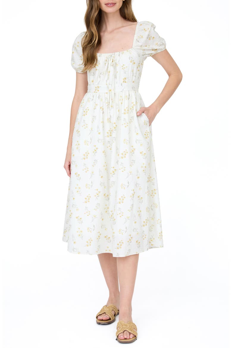 Floral Puff Sleeve Cotton Midi Dress, Main, color, IVORY FLORAL