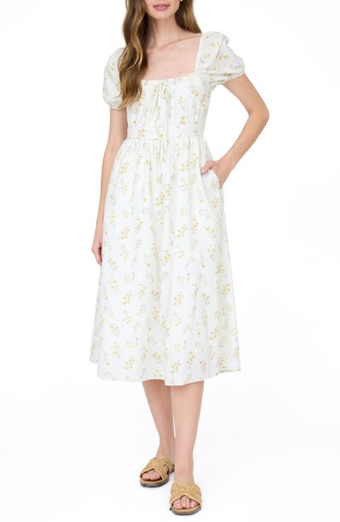 Floral Puff Sleeve Cotton Midi Dress