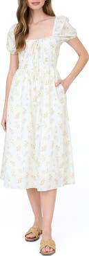 AUGUST SKY Floral Puff Sleeve Cotton Midi Dress