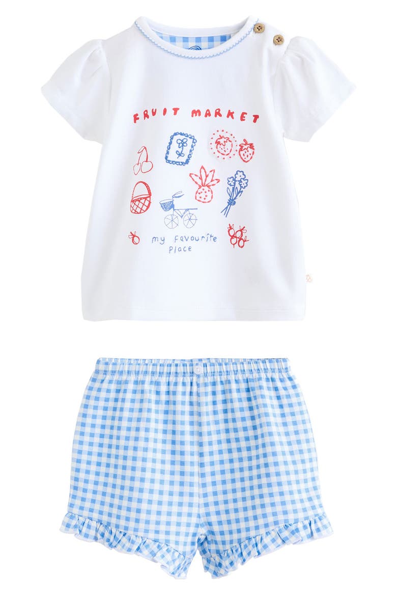 Kids' Fruit Market Embroidered T-Shirt & Gingham Shorts Set, Main, color, WHITE/BLUE