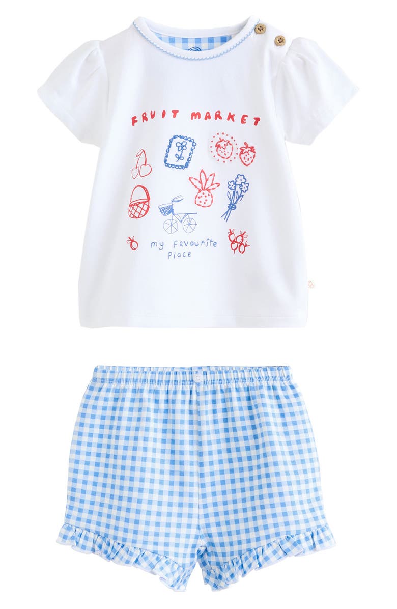 NEXT Kids' Fruit Market Embroidered T-Shirt & Gingham Shorts Set, Main, color, White/Blue