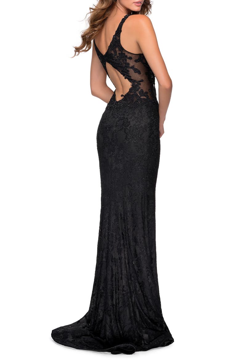 Long Lace Dress with Plunging Neckline, Alternate, color, BLACK