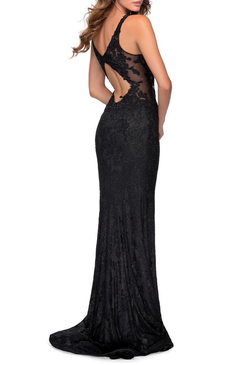 La Femme Sparkle Lace Plunge Neck Gown, Alternate, color, 