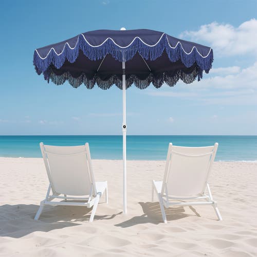 Jonathan Y Mariner 6.5 Ft. Classic Cottage Fringe Tassel Market Beach Umbrella With Push Button Tilt In Brown