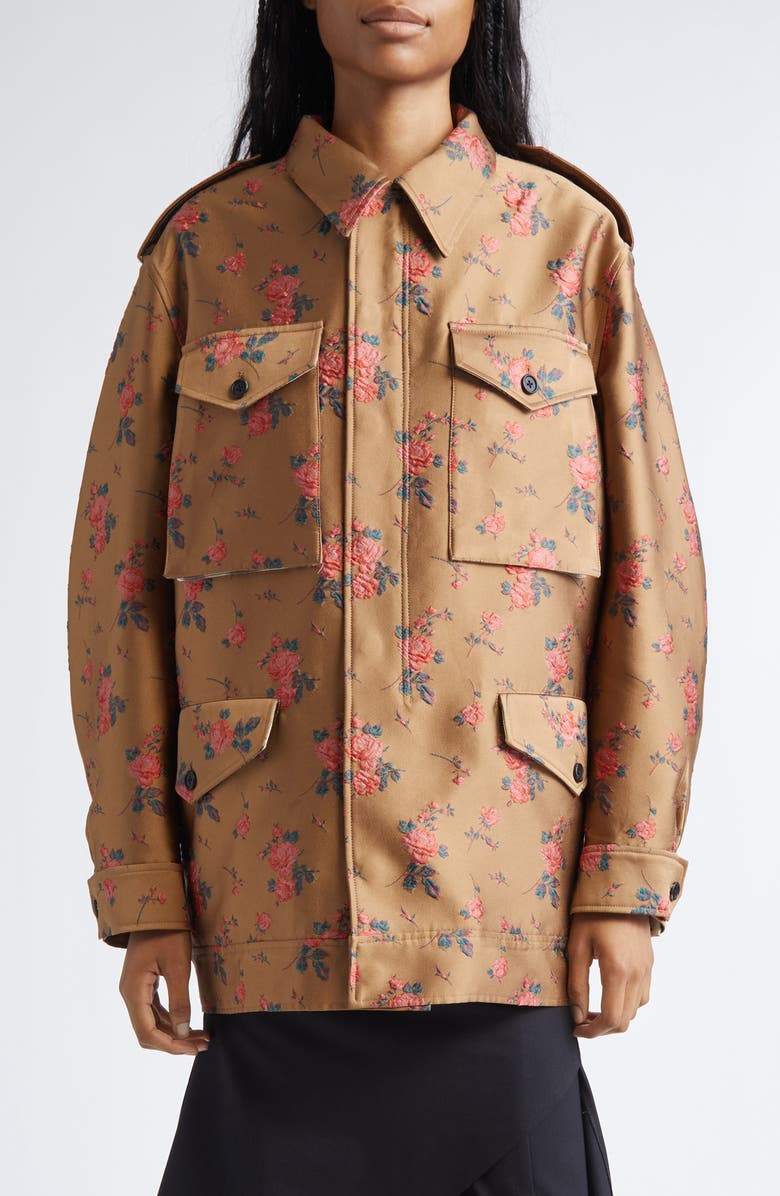 MONSE Floral Embroidered Satin Utility Jacket, Main, color, Brown